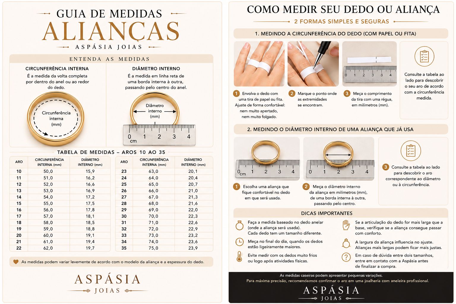 Guia de medidas para alian&ccedil;as Aspasia - Como medir o dedo e o di&acirc;metro interno da alian&ccedil;a